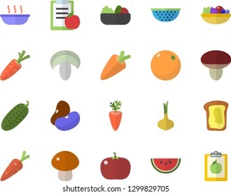 Color flat icon set colander flat vector, legumes, onion, carrot, watermelon, mushroom, salad, soup, tomato, cucumber, sandwich, orange, diet