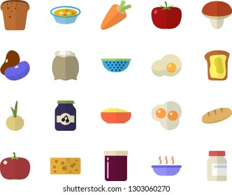 Color flat icon set colander flat vector, flour, mushroom, tomato, legumes, carrot, cheese, bread, soup, porridge, onion, scrambled eggs, jam, sandwich, vitamins