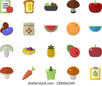 Color flat icon set colander flat vector, mushroom, tomato, legumes, watermelon, salad, bell pepper, cranberry, pineapple, sandwich, orange, seeds, carrot, diet