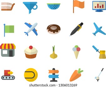 Color Flat Icon Set Colander Flat Vector, Turk, Onion, Carrot, Cupcake, Piece Of Cake, Donut, Ice Cream, Conveyor, Store Front, Funnel, Flag, Computer Chart, Pen, Tennis Ball, Aircraft Fector, Golf