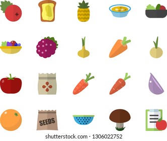 Color flat icon set colander flat vector, tomato, onion, carrot, salad, soup, garlic, cranberry, blackberry, pineapple, sandwich, orange, mushroom, seeds, diet