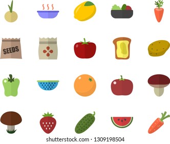 Color flat icon set colander flat vector, potato, tomato, lemon, watermelon, salad, soup, carrot, onion, bell pepper, cucumber, Strawberry, sandwich, orange, mushroom, seeds
