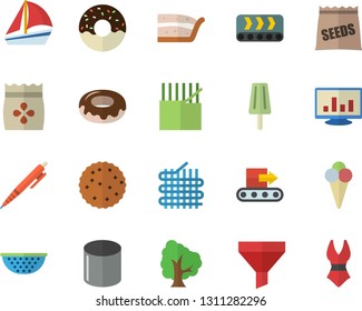 Color Flat Icon Set Colander Flat Vector, Piece Of Cake, Donut, Ice Cream, Biscuit, Seeds, Tree, Conveyor, Fabric Manufacture, Pipe Production, Funnel, Sailboat, Computer Chart, Pen, Swimsuit