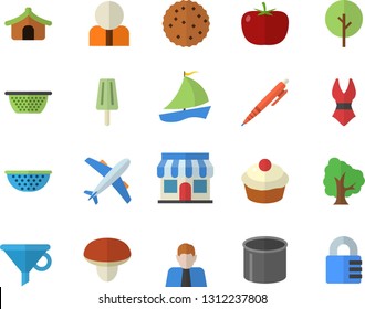 Color flat icon set colander flat vector, mushroom, tomato, cupcake, ice cream, biscuit, tree, pipe production, store front, funnel, person, sailboat, pen, swimsuit, aircraft fector, tent, lock