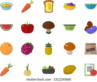 Color flat icon set colander flat vector, potato, tomato, legumes, watermelon, mushroom, salad, soup, onion, blackberry, pineapple, sandwich, orange, seeds, carrot, diet