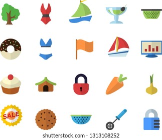 Color flat icon set colander flat vector, kitchen spoon, onion, carrot, cupcake, donut, biscuit, tree, flag, sell out, sailboat, computer chart, swimsuit, tent fector, cocktail, lock