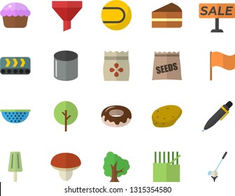 Color Flat Icon Set Colander Flat Vector, Mushroom, Potato, Cupcake, Piece Of Cake, Donut, Ice Cream, Seeds, Tree, Conveyor, Fabric Manufacture, Pipe Production, Funnel, Flag, Sell Out, Pen