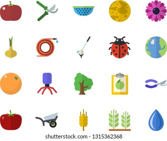 Color flat icon set colander flat vector, tomato, onion, orange, ear, tree, flower, ladybird, hose, secateurs, garden wheelbarrow, earth, virus, moon, diet, golf fector, drop