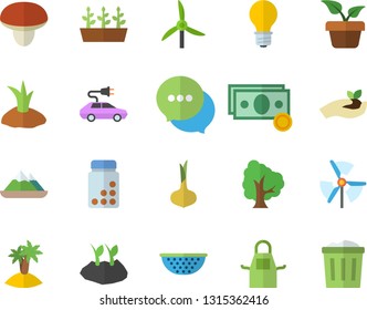 Color flat icon set colander flat vector, apron, mushroom, onion, home plant, tree, seedlings, planting plants, windmill, lamp, electric cars, cash, chat, vitamins, island fector, mountains