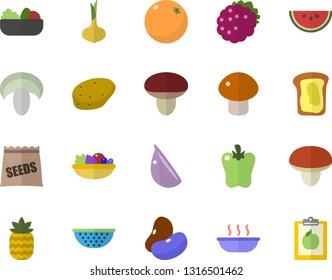 Color flat icon set colander flat vector, mushroom, potato, legumes, onion, watermelon, salad, soup, garlic, bell pepper, blackberry, pineapple, sandwich, orange, seeds, diet