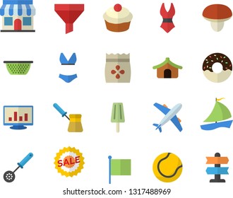 Color flat icon set colander flat vector, kitchen spoon, turk, mushroom, cupcake, donut, ice cream, seeds, store front, funnel, flag, sell out, sailboat, computer chart, tennis ball, swimsuit, tent