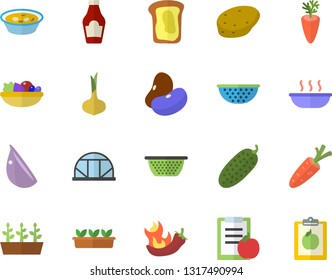 Color flat icon set colander flat vector, potato, ketchup, legumes, onion, salad, soup, carrot, garlic, hot peppers, cucumber, sandwich, seedlings, greenhouse, diet