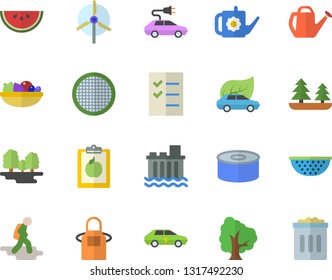 Color flat icon set colander flat vector, apron, sieve, canned food, watermelon, salad, tree, watering can, forest, hydroelectric power station, eco cars, electric, to do list, windmill, diet, trash