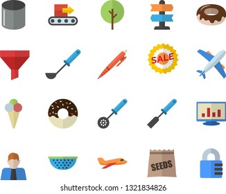 Color flat icon set colander flat vector, ladle, kitchen spatula, spoon, donut, ice cream, seeds, tree, conveyor, pipe production, funnel, person, sell out, computer chart, pen, aircraft fector