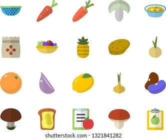 Color flat icon set colander flat vector, mushroom, potato, legumes, lemon, onion, salad, soup, garlic, pineapple, sandwich, orange, seeds, carrot, diet