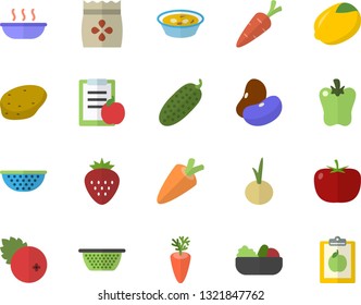 Color flat icon set colander flat vector, potato, tomato, legumes, lemon, carrot, salad, soup, onion, bell pepper, cucumber, cranberry, Strawberry, seeds, diet
