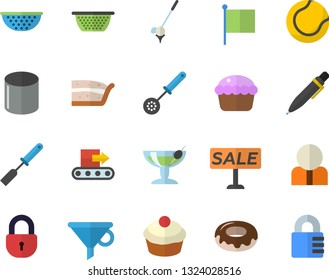 Color Flat Icon Set Colander Flat Vector, Kitchen Spatula, Spoon, Cupcake, Piece Of Cake, Donut, Conveyor, Pipe Production, Funnel, Person, Flag, Sell Out, Pen, Tennis Ball, Cocktail Fector, Golf