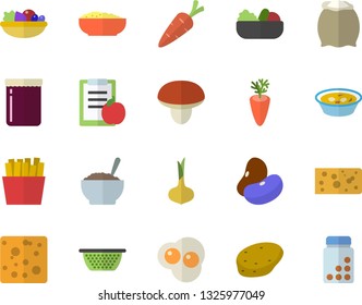 Color flat icon set colander flat vector, flour, mushroom, potato, legumes, onion, cheese, salad, soup, porridge, carrot, French fries, scrambled eggs, jam, diet, vitamins