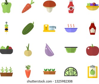 Color flat icon set colander flat vector, food processor, mushroom, ketchup, salad, soup, carrot, garlic, onion, bell pepper, tomato, cucumber, canape, seedlings, greenhouse, diet