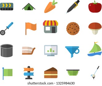 Color Flat Icon Set Colander Flat Vector, Kitchen Spoon, Mushroom, Tomato, Carrot, Piece Of Cake, Biscuit, Conveyor, Pipe Production, Store Front, Funnel, Flag, Sailboat, Computer Chart, Pen, Golf