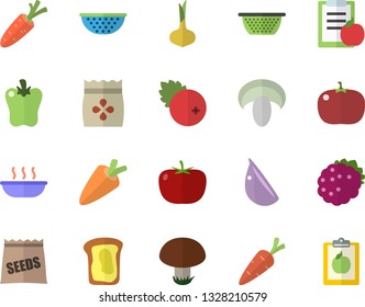Color flat icon set colander flat vector, tomato, onion, carrot, mushroom, soup, garlic, bell pepper, cranberry, blackberry, sandwich, seeds, diet