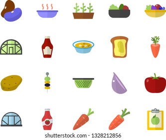 Color flat icon set colander flat vector, potato, tomato, ketchup, legumes, salad, soup, carrot, garlic, canape, sandwich, seedlings, greenhouse, diet