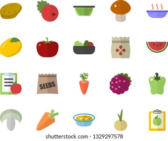 Color flat icon set colander flat vector, potato, tomato, lemon, carrot, watermelon, mushroom, salad, soup, onion, bell pepper, cranberry, blackberry, seeds, diet