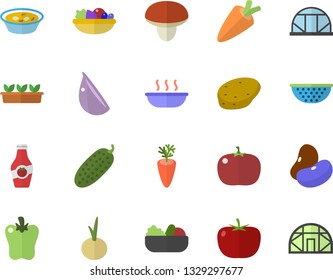 Color flat icon set colander flat vector, mushroom, potato, tomato, legumes, carrot, salad, soup, garlic, onion, bell pepper, cucumber, ketchup, seedlings, greenhouse