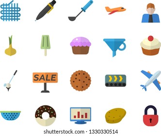 Color flat icon set colander flat vector, ladle, potato, onion, cupcake, donut, ice cream, biscuit, conveyor, fabric manufacture, funnel, person, sell out, computer chart, pen, aircraft fector, golf
