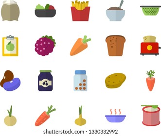 Color flat icon set colander flat vector, toaster, flour, potato, legumes, onion, carrot, bread, salad, soup, porridge, French fries, jam, blackberry, diet, vitamins, steroids