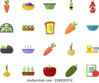 Color flat icon set colander flat vector, food processor, tomato, onion, carrot, salad, soup, cucumber, canape, ketchup, sandwich, seedlings, greenhouse, diet