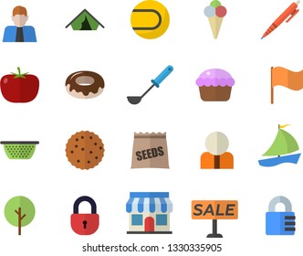 Color flat icon set colander flat vector, ladle, tomato, cupcake, donut, ice cream, biscuit, seeds, tree, store front, person, flag, sell out, sailboat, pen, tennis ball, tent fector, lock