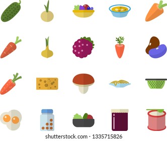 Color flat icon set colander flat vector, mushroom, legumes, onion, carrot, cheese, spaghetti, salad, soup, cucumber, scrambled eggs, jam, blackberry, vitamins, steroids