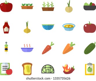 Color flat icon set colander flat vector, tomato, ketchup, onion, carrot, salad, soup, hot peppers, cucumber, canape, sandwich, seedlings, greenhouse, diet
