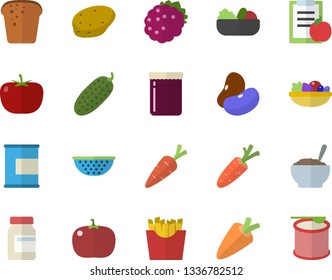 Color flat icon set colander flat vector, potato, tomato, legumes, carrot, bread, salad, porridge, cucumber, French fries, jam, blackberry, diet, vitamins, proteins, steroids