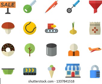 Color flat icon set colander flat vector, kitchen spoon, mushroom, onion, donut, ice cream, seeds, tree, conveyor, pipe production, store front, funnel, person, sell out, pen, tennis ball, key, lock