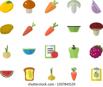 Color flat icon set colander flat vector, potato, lemon, onion, carrot, watermelon, mushroom, garlic, bell pepper, blackberry, sandwich, diet