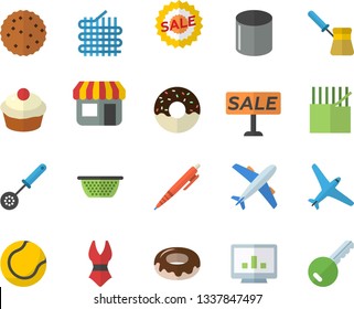 Color flat icon set colander flat vector, kitchen spoon, turk, cupcake, donut, biscuit, fabric manufacture, pipe production, store front, sell out, computer chart, pen, tennis ball, swimsuit, key