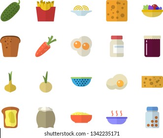 Color flat icon set colander flat vector, flour, onion, cheese, bread, spaghetti, salad, soup, porridge, cucumber, French fries, scrambled eggs, jam, sandwich, carrot, vitamins