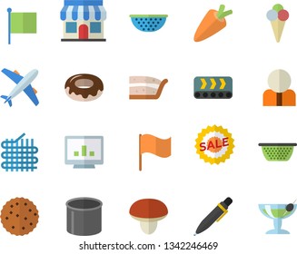 Color flat icon set colander flat vector, mushroom, carrot, piece of cake, donut, ice cream, biscuit, conveyor, fabric manufacture, pipe production, store front, person, flag, sell out, pen