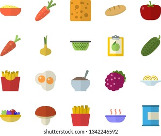 Color flat icon set colander flat vector, mushroom, tomato, onion, cheese, bread, spaghetti, salad, soup, porridge, cucumber, French fries, scrambled eggs, blackberry, carrot, diet, proteins