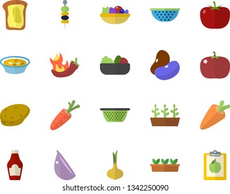 Color flat icon set colander flat vector, potato, tomato, ketchup, legumes, onion, carrot, salad, soup, garlic, hot peppers, canape, sandwich, seedlings, diet