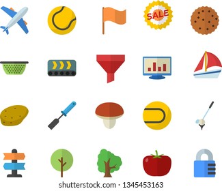 Color flat icon set colander flat vector, kitchen spatula, mushroom, potato, tomato, biscuit, tree, conveyor, funnel, flag, sell out, sailboat, computer chart, tennis ball, aircraft  , pointer