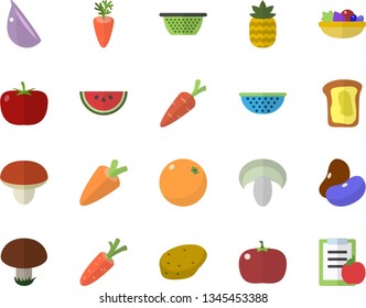 Color flat icon set colander flat vector, mushroom, potato, tomato, legumes, carrot, watermelon, salad, garlic, pineapple, sandwich, orange, diet