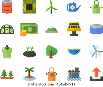 Color flat icon set colander flat vector, apron, canned food, bell pepper, tree, watering can, planting plants, greenhouse, solar battery, windmill, forest, hydroelectric power station, motherboard