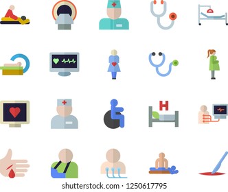 Color flat icon set computer diagnostics of health flat vector, disabled, physician, stethoscope, hospital bed, massage, injury, tomograph, gestation, scalpel