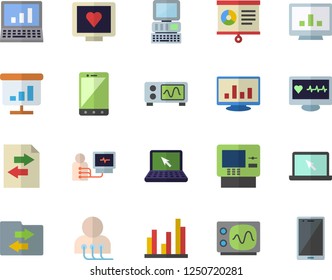 Color flat icon set computer diagnostics of health flat vector, chart, statistic, laptop, oscilloscope, cash dispenser fector, file sharing, mobile