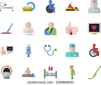 Color flat icon set computer diagnostics of health flat vector, disabled, physician, stethoscope, hospital bed, massage, injury, tomograph, gestation, scalpel