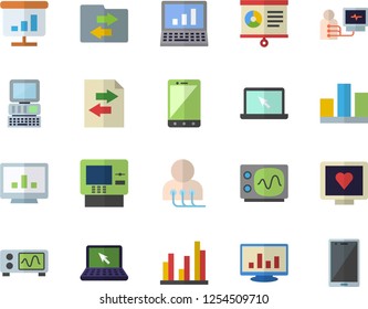 Color flat icon set computer diagnostics of health flat vector, chart, statistic, laptop, oscilloscope, cash dispenser fector, file sharing, mobile