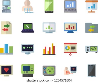 Color flat icon set computer diagnostics of health flat vector, chart, statistic, laptop, oscilloscope, cash dispenser fector, file sharing, mobile